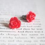 Red Rose Stud Earrings, Nickel , Flower
